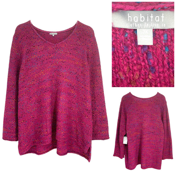 NEW Habitat Clothes to Live In Plus Sz 2X Magenta Textured Knit V Neck Sweater - Picture 1 of 9